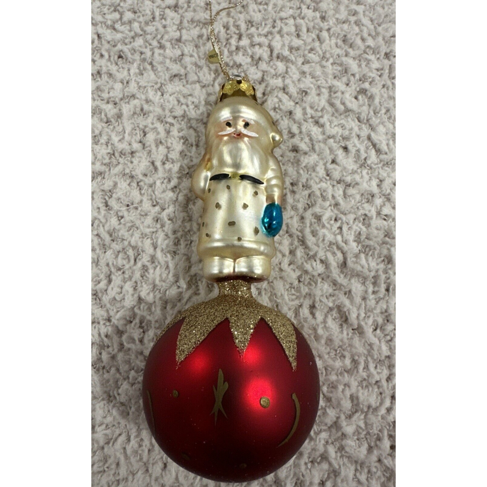 Rare 1990s Christopher Radko White Santa Atop Red Ball Glass Ornament